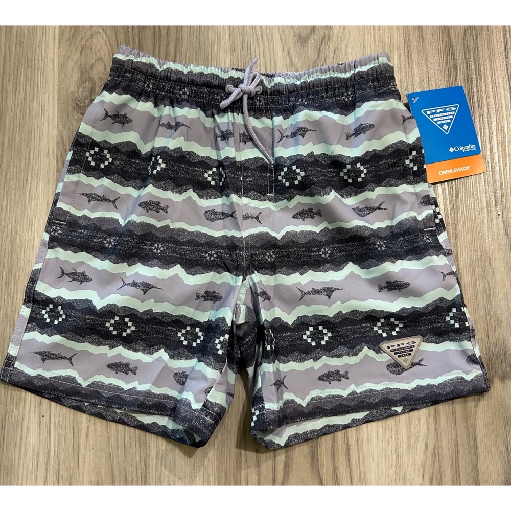 Columbia Kids PFG Rambler Printed Water Short swim M L Grey Mint Fish NWT
